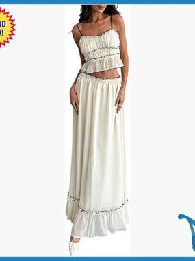 Women's 2-Piece Skirt Set, Ruffle Hem Cami Top & Maxi Skirt, Vacation Outfit